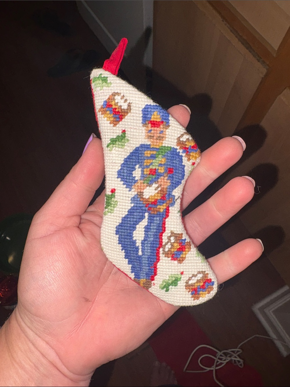 Handmade Needlepoint Soldier Christmas Stocking Ornament - Blue & Red